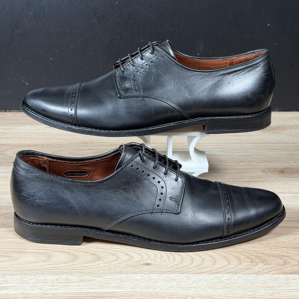 Allen Edmonds Shoes Men Size 12 Black Clifton Leather Cap Toe Derby Dress Brogue
